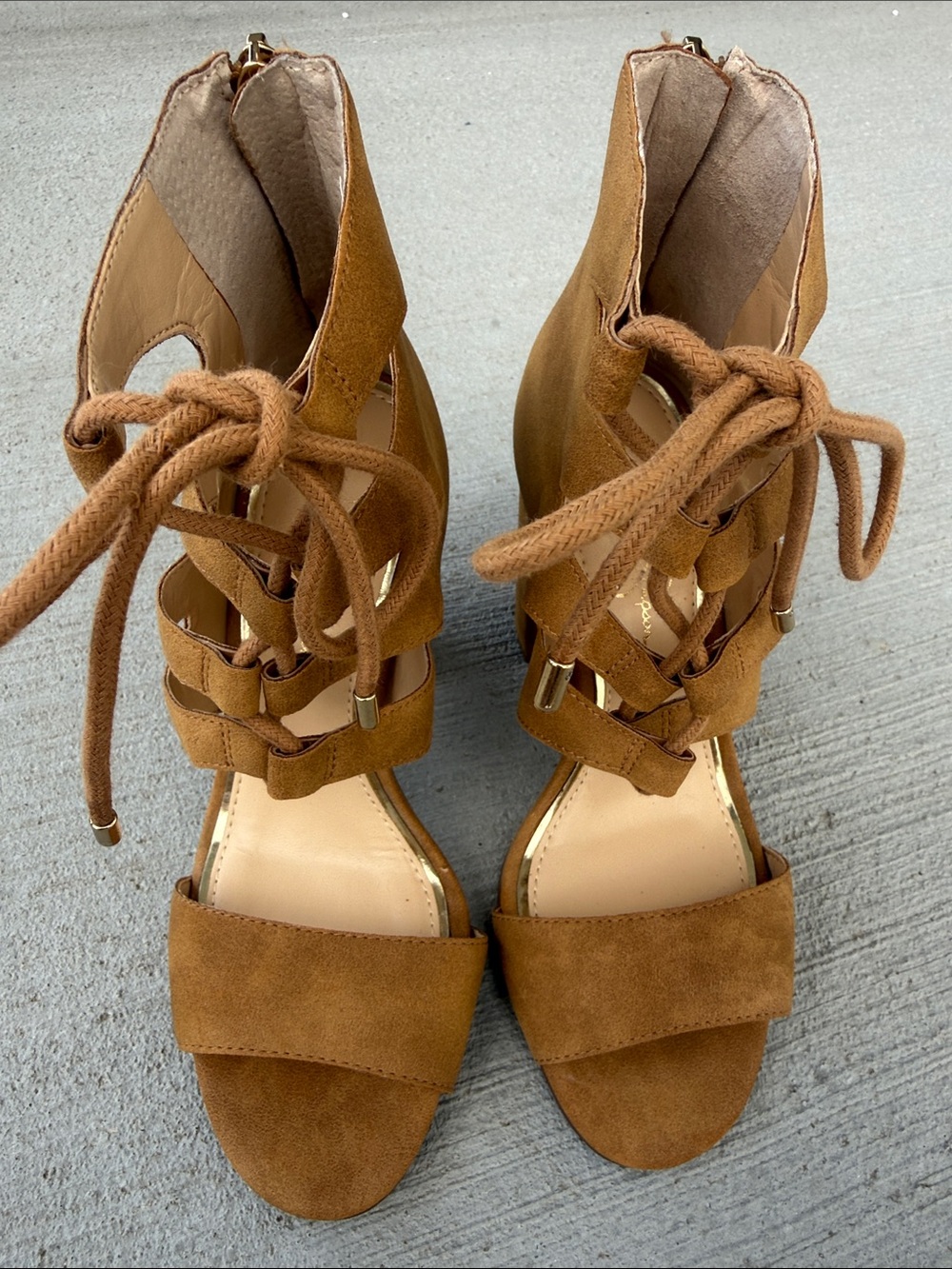 NEW Jessica Simpson Tan Suede Lace-Up Sandal Heels - Size 5.5